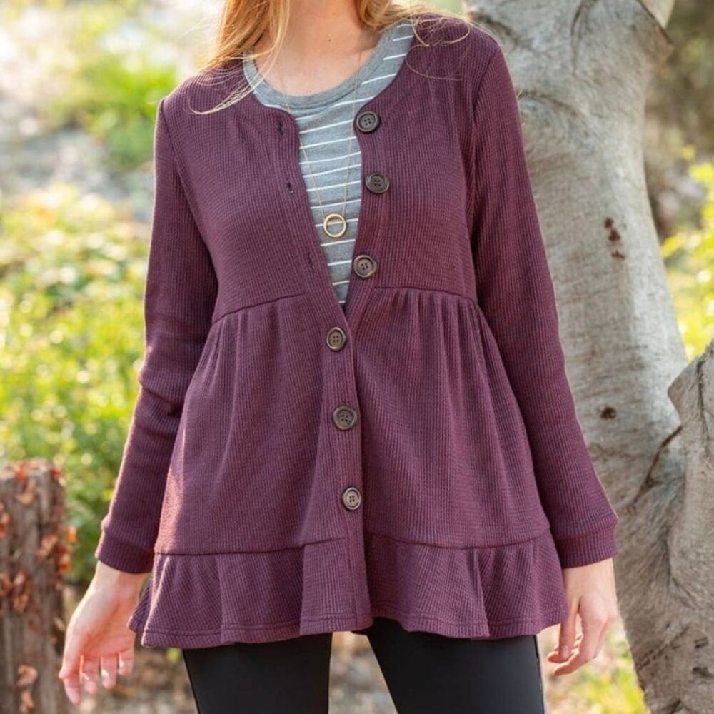 Evy's Tree The Sarah Thermal Top w Pockets XS Womens Cardigan Ruffle Waffle Knit